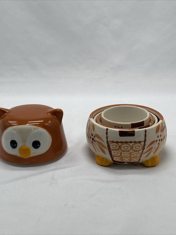Temptations Orange Owl Ceramic Nesting Measuring Cup Set Old World