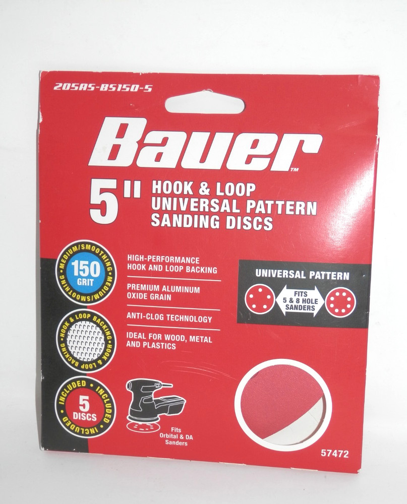 Bauer 5" Hook & Loop Universal Pattern Sanding Discs 5 Count 150 Grit NEW