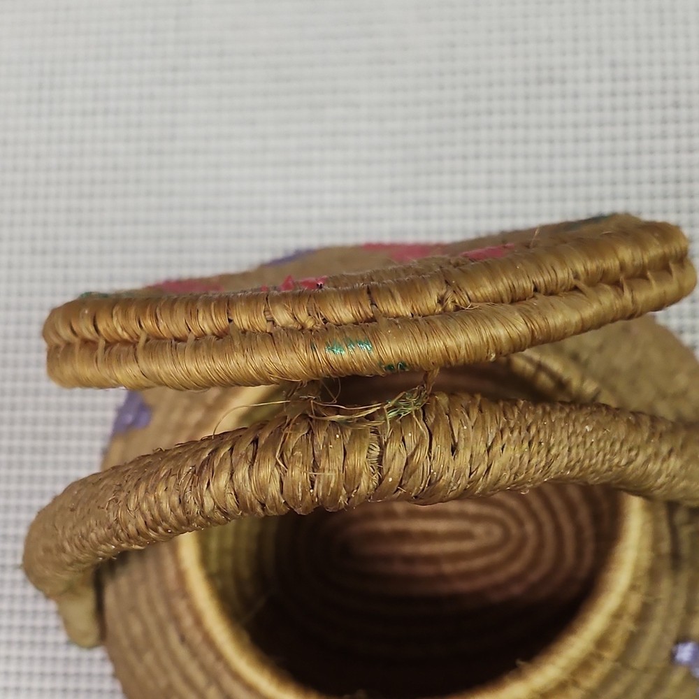 Small Ethnic Handmade Woven Storage Basket with Lid, Handle, Multicolor