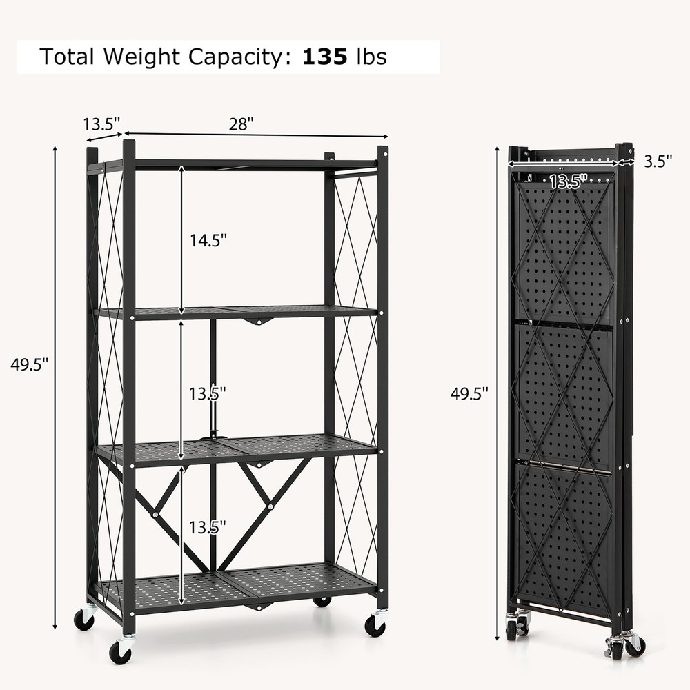 4-tier Foldable Storage Shelving Unit w/4 Universal Wheels for Kitchen Study