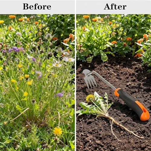 Weed Puller Tool with Thick Work Gloves, 4-Teeth Stainless Steel Hand Rubber