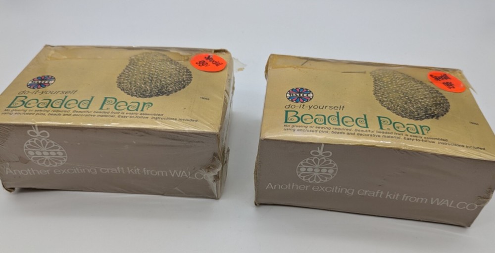 2 Vtg 1972 Walco Beaded Pear Craft Kits Fruit - Unused