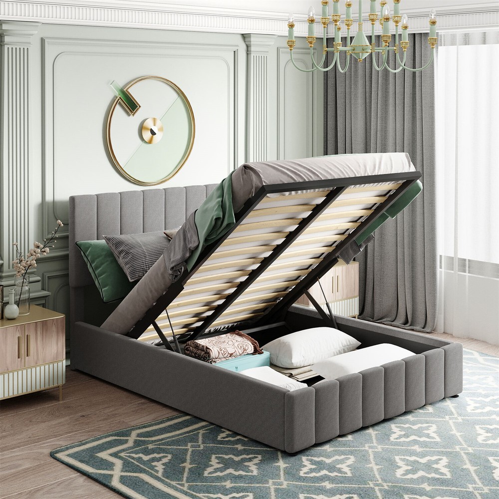 Full Size Upholstered Platform Bed Frame w/ Hydraulic Storage System Gray