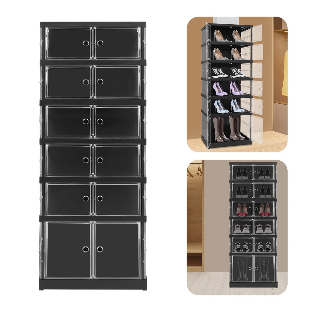 6 Tiers Shoe Storage Box Black Stackable Shoe Container Sneaker Organizer