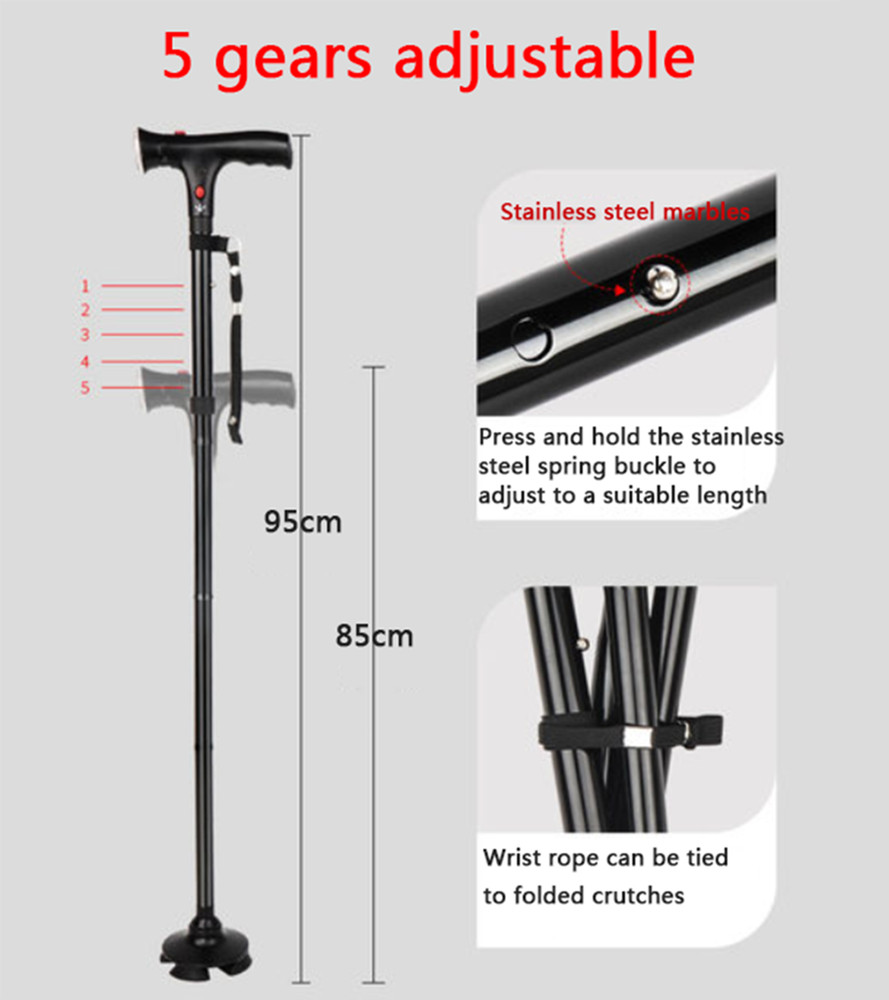 5Level Adjustable Folding Walking Stick With LED Light Alarm For Camping Hiking
