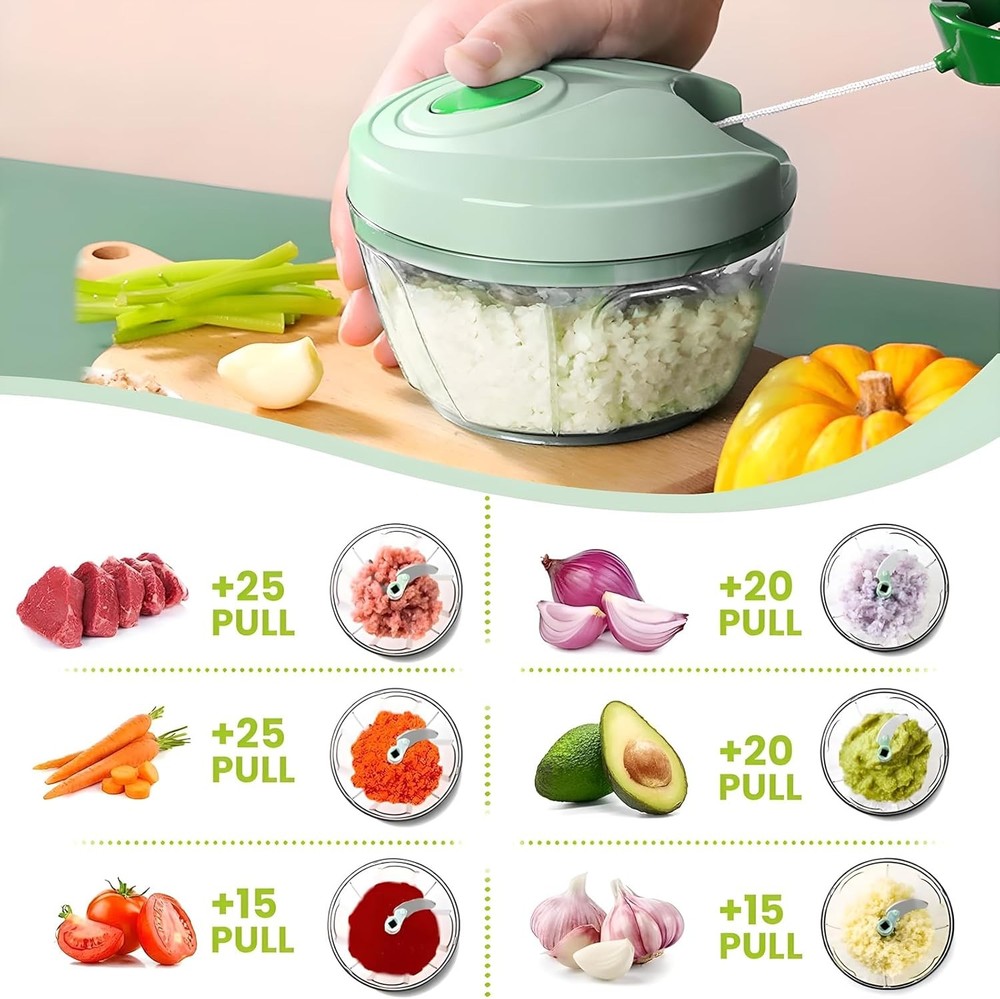 Vegetable Chopper Manual Food with Container, Hand Pull Medium, Green