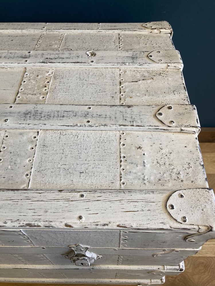 Antique White Distressed Wooden Steamer Trunk