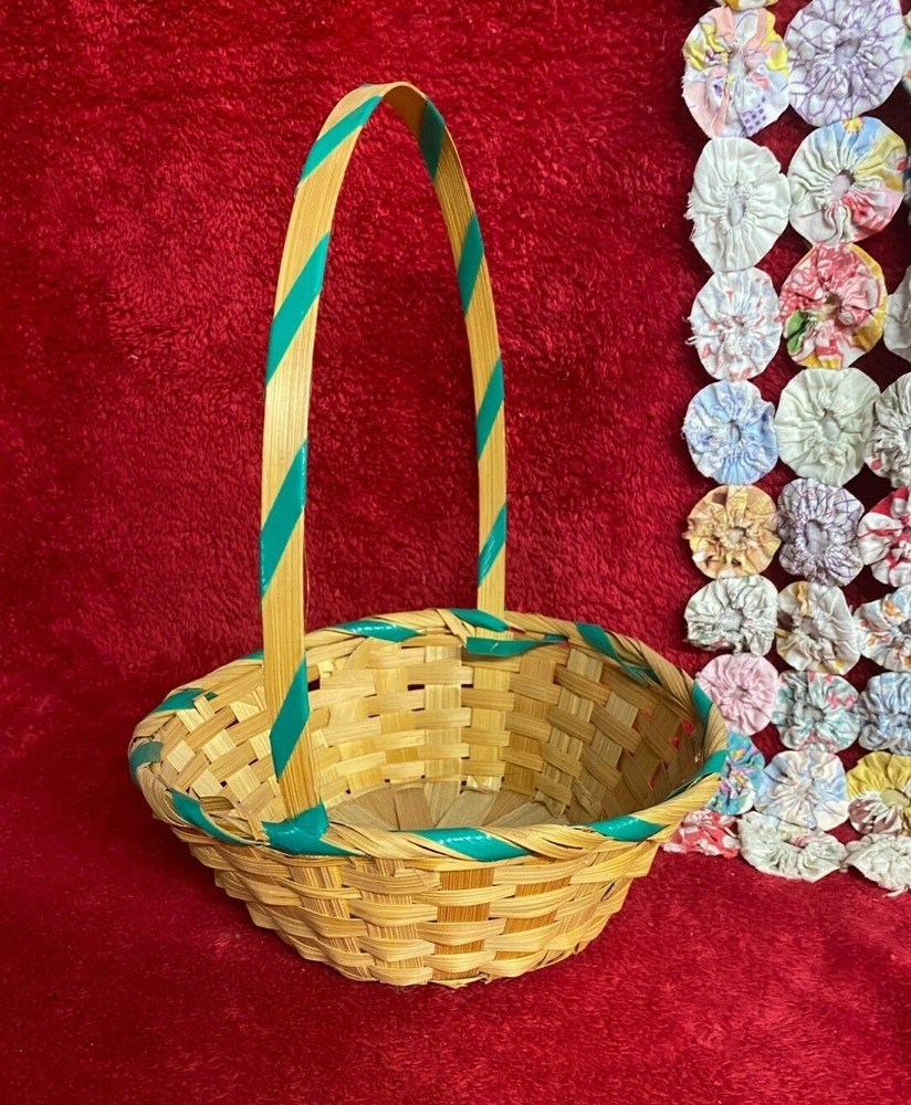 Small Round Basket with Green Plastic Design
