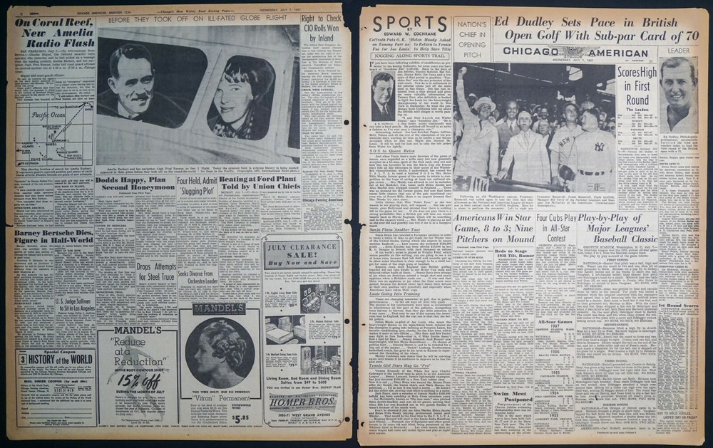 1937 Chicago Newspaper - Zero Hour in Hunt For Missing Amelia Earhart