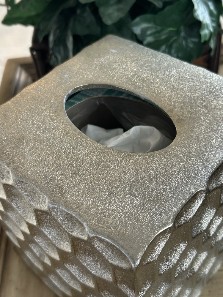 Honeycomb Tissue Box Cover Heavy Ceramic Metallic Silver Hammered Square