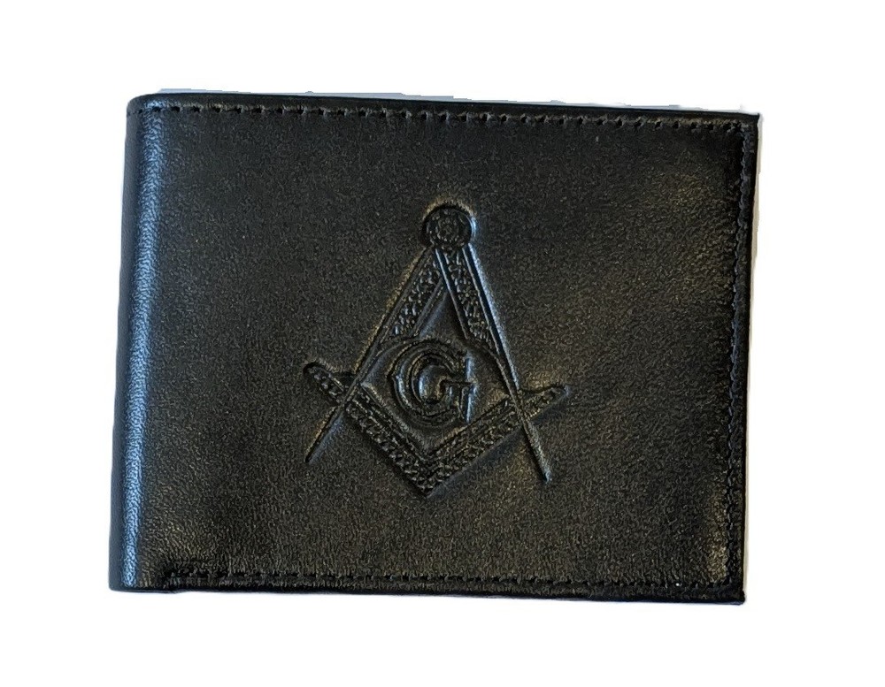 Masonic Leather Billfold Wallet RFID Blocking - Black Embossed Square &Compass