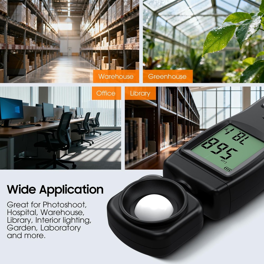 Digital Illuminance Light Meter, 0~200,000 Lux Range with 180º Rotating Senso...