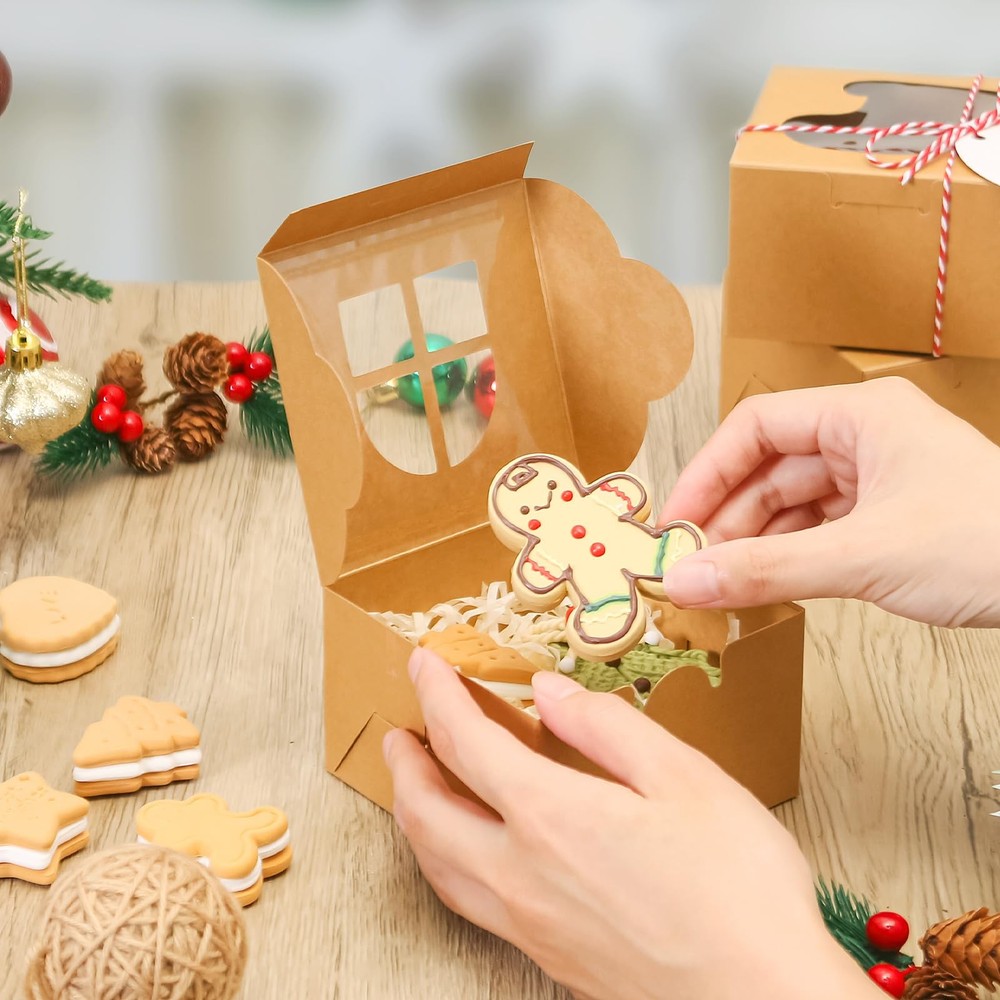 COTOPHER 30Pcs Christmas Cookie Boxes with Window, 4x4x2.5 inch -Brown -30pcs