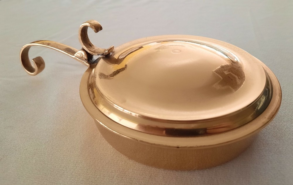 Small Brass Hinged Lid Dish with Handle Incense Ashtray Chafing Warmer 5" across