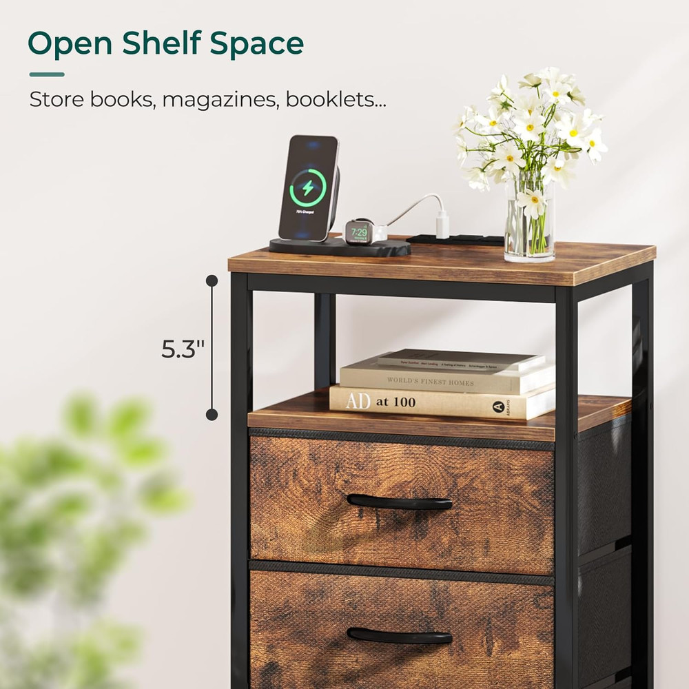 Rustic Brown Nightstand, Charging Station, Bedside Table w/ 3 Fabric Drawers