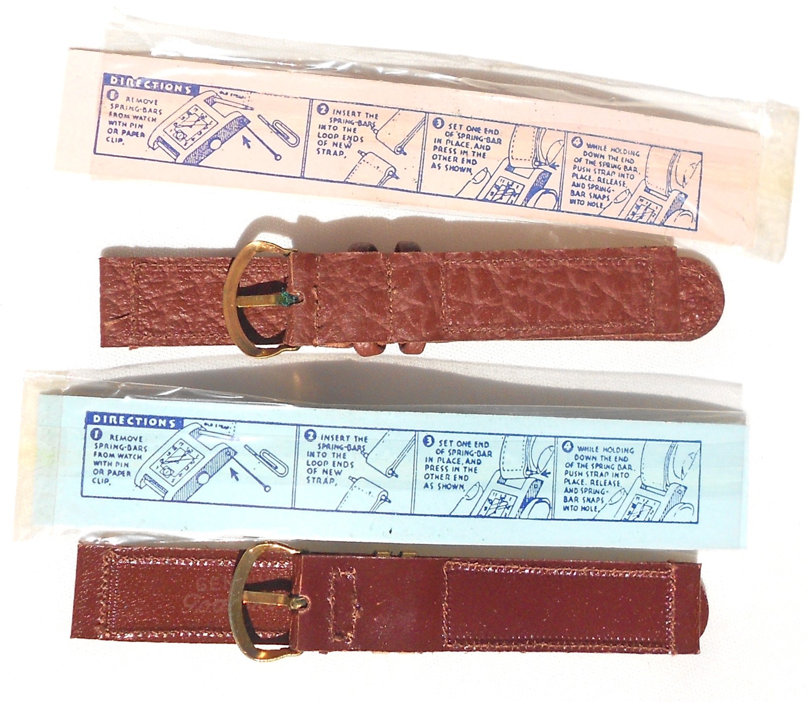 TWO (2) MINT ORIG WW2 1944-DATED GI-ISSUE BROWN LEATHER WATCH BANDS, GOATSKIN