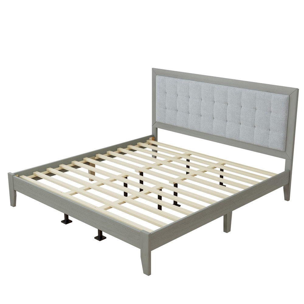 California King Bed Frame Solid Wood Upholstered Panel Headboard Gray