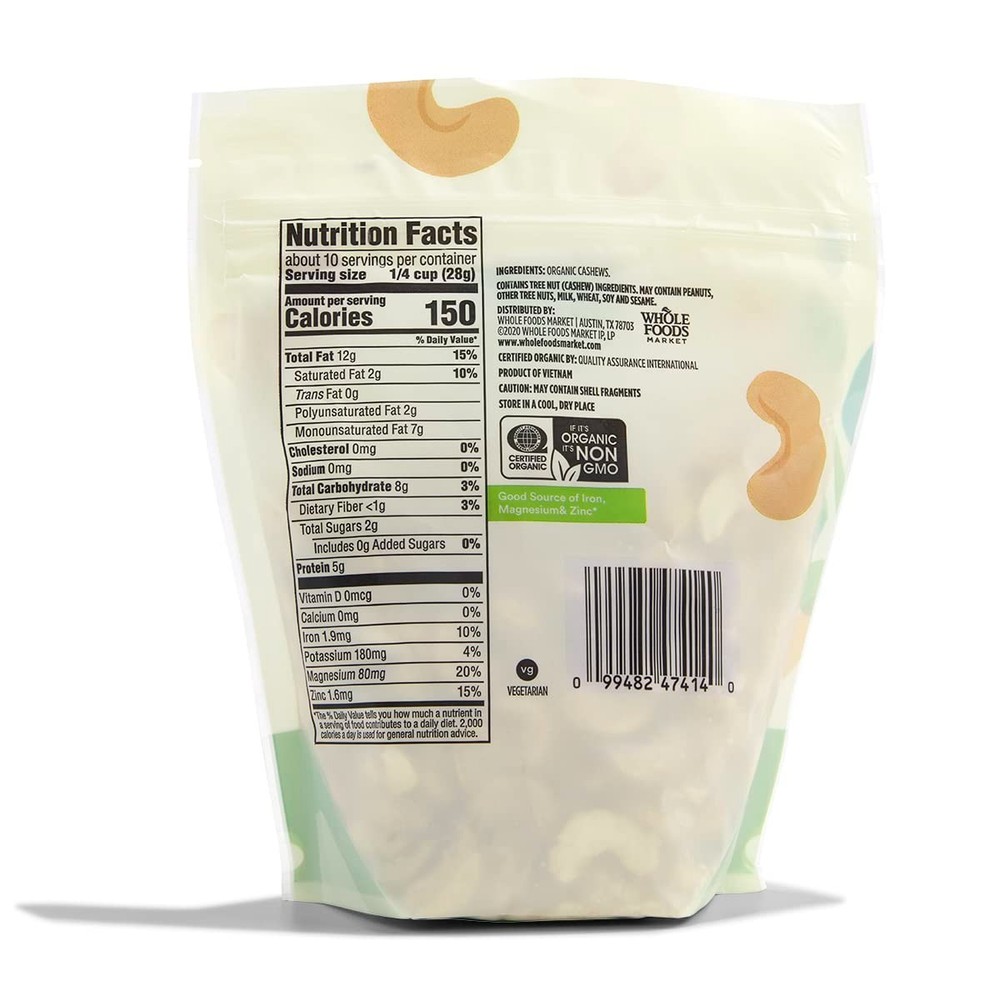Resealable 10 Ounce Organic Cashews - Unroasted, & Nutrient-Dense
