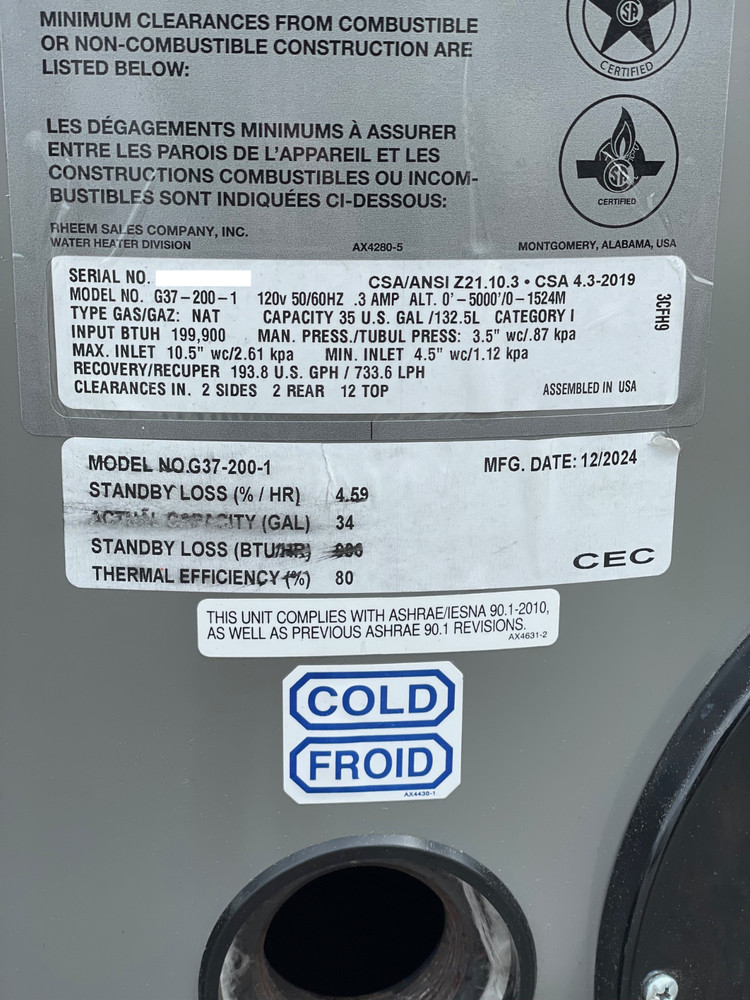 NEW RHEEM Universal Commercial Natural Gas 35 Gallon Water Heater 120V