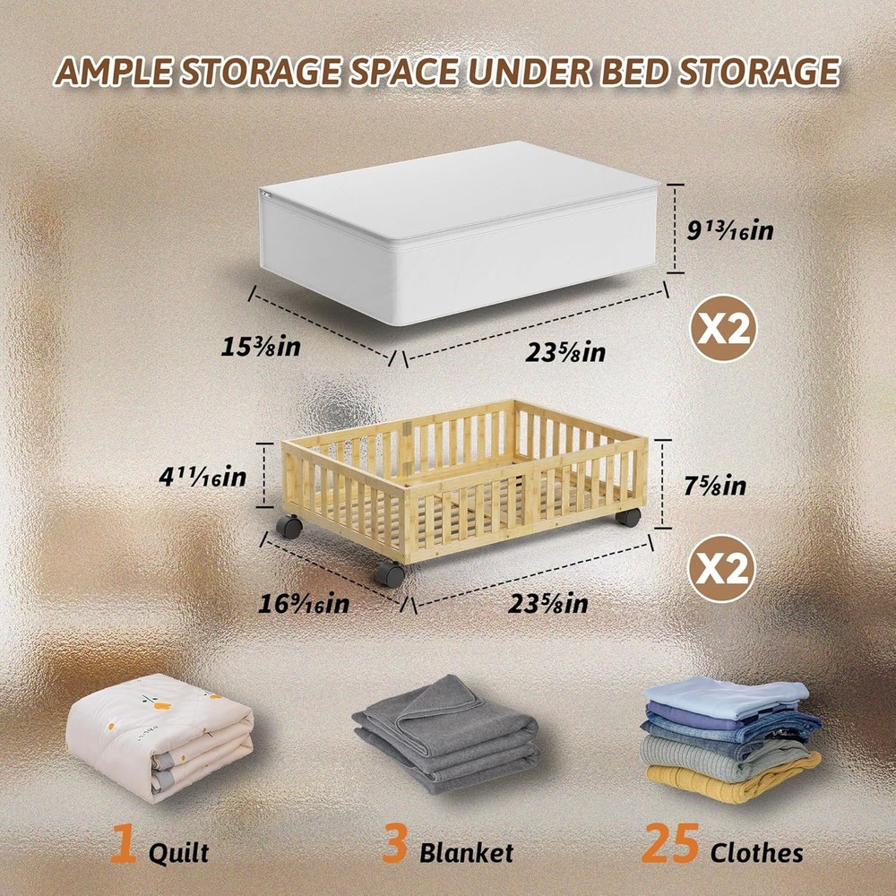 Rolling Under Bed Storage Containers with Wheels 2 Pack Bamboo Shoe Organizer