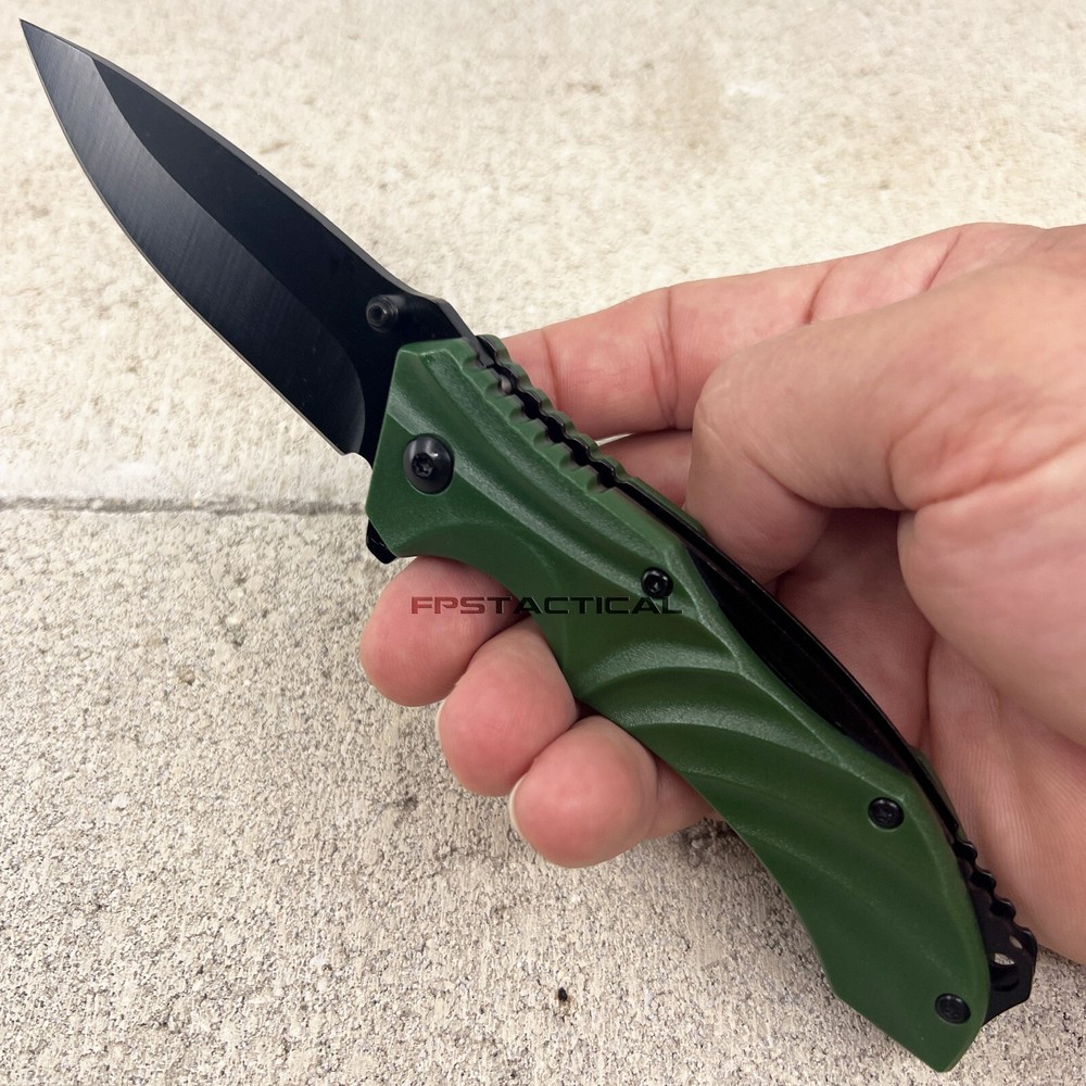 Pacific Solutions Textured Wave Tech Olive Drab Green Black Spring Assist Knife