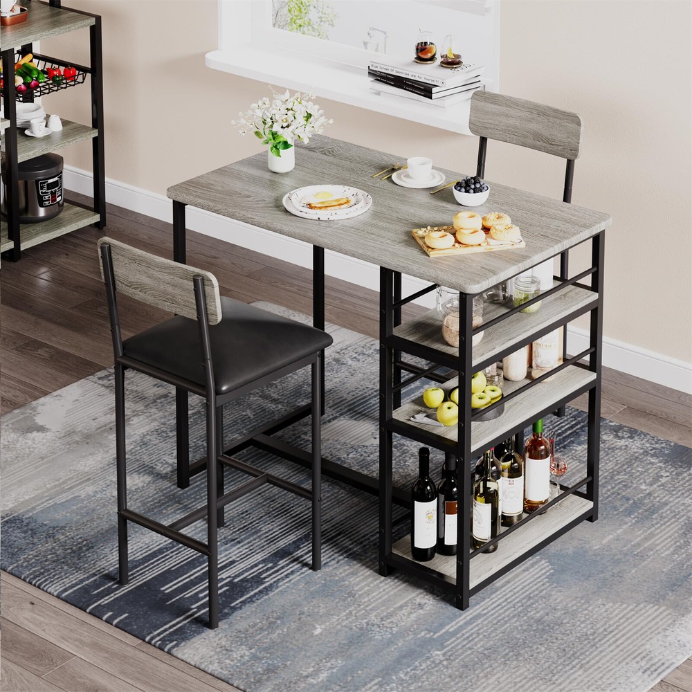 🍎Dining Table Set for 2 Kitchen Table with 2 Upholstered Bar Chairs 3 Storage