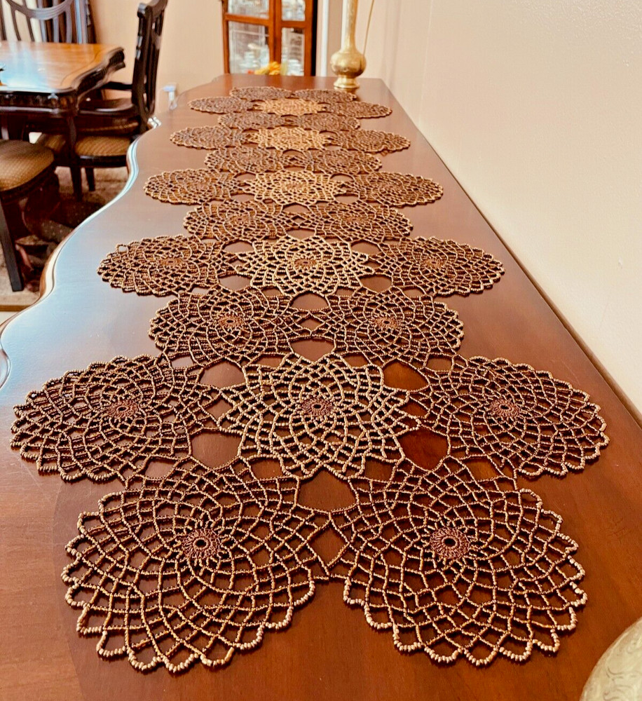 HANDMADE  BROWN & COPPER CROCHET BEADED RUNNER 5' /18"