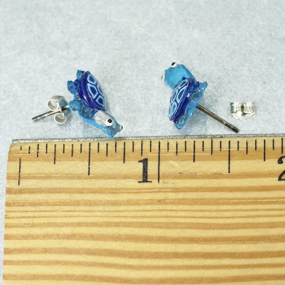 Vintage silver tone earrings, studs with blue turtle inlay