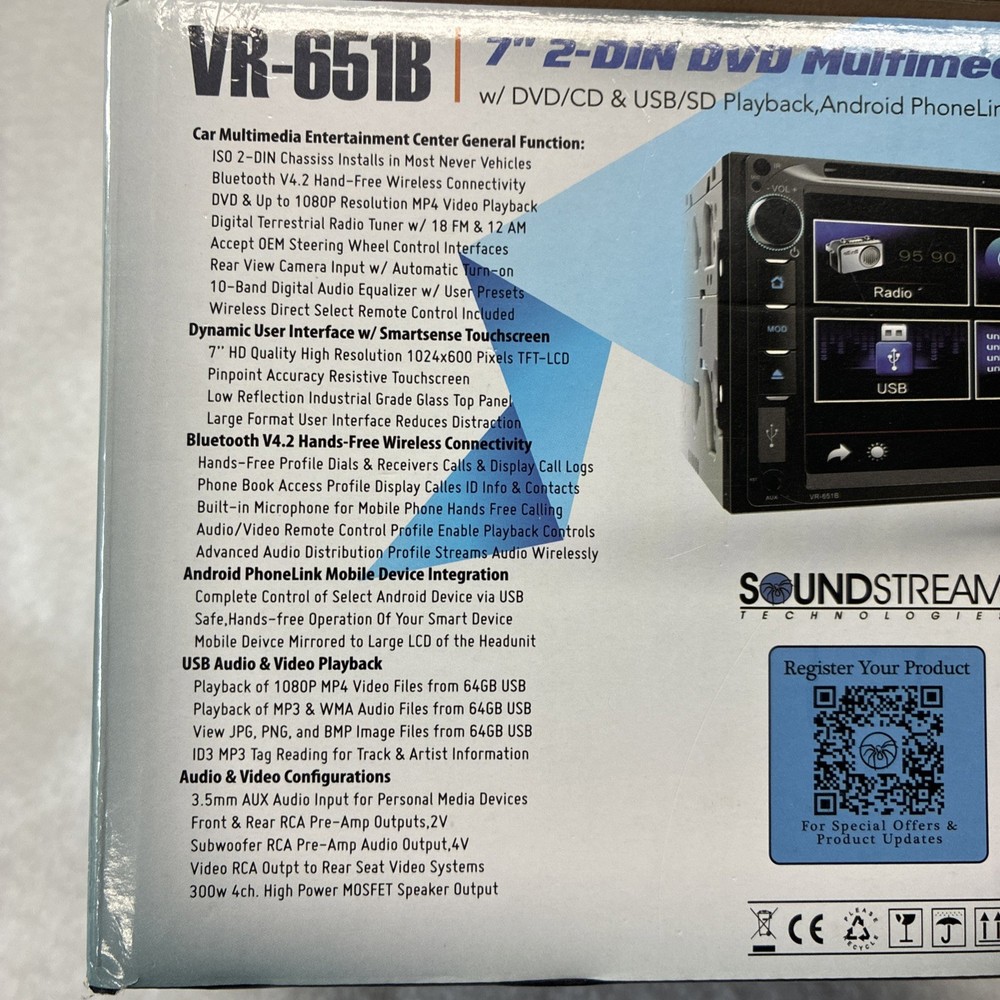 Soundstream VR-651B 7” 2-DIN Touchscreen DVD/CD Headunit w/ Android PhoneLink