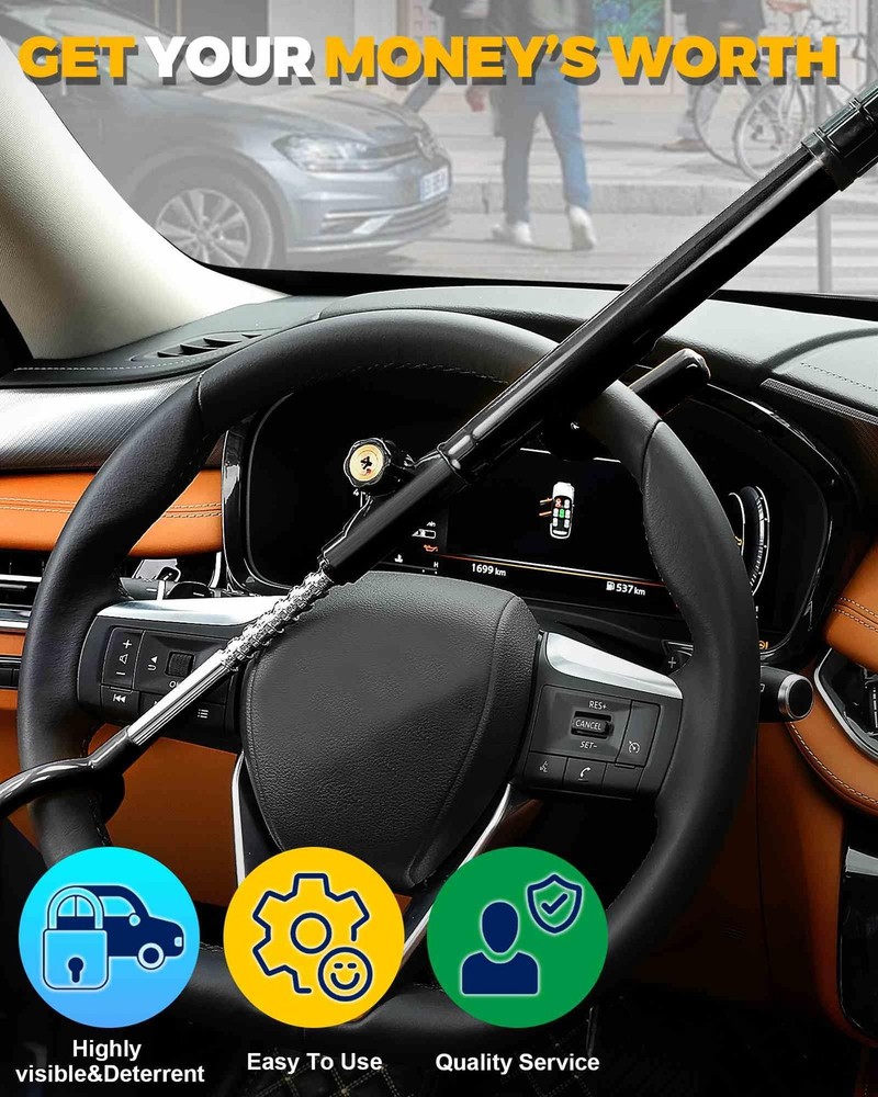 Steering Wheel Lock Anti Theft Device Adjustable Black Tevlaphee