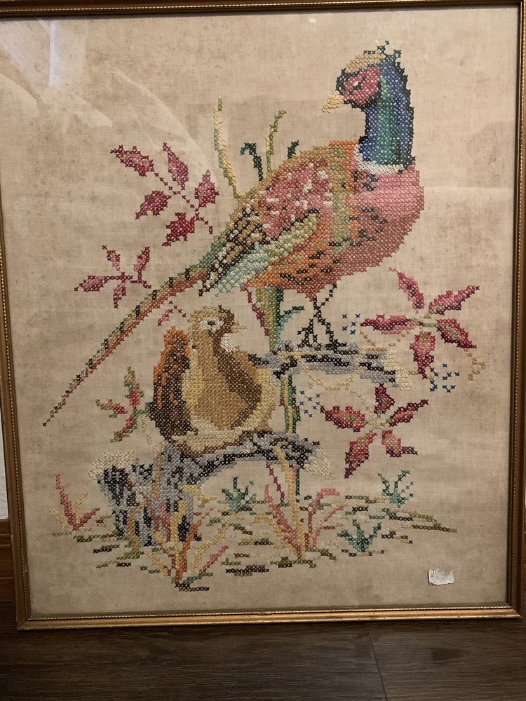 Vintage Hand Stitched Wall Art, Make/Female Birds