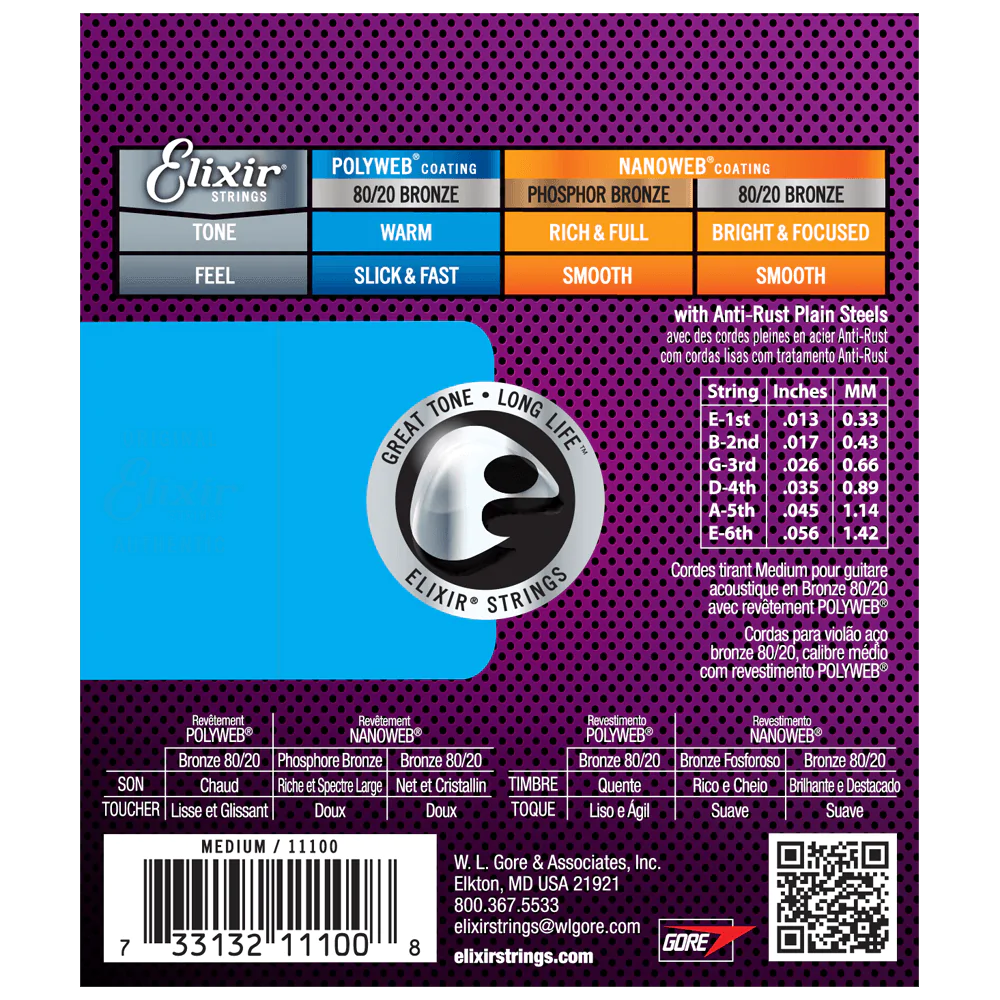 6 Sets! Elixir POLYWEB 80/20 Bronze Acoustic — 11100 Medium .013-.056