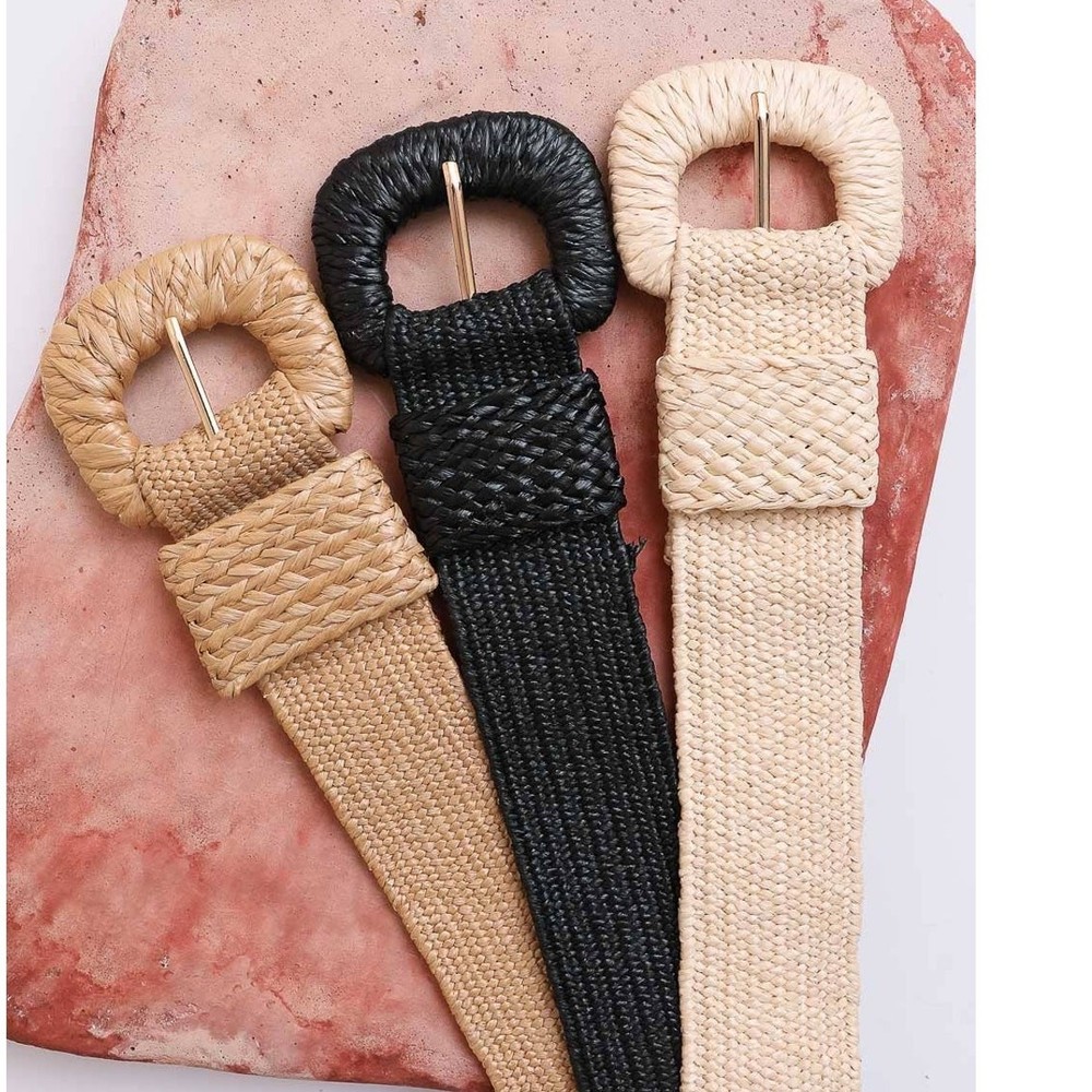 Stretchable Boho Raffia Belt Black