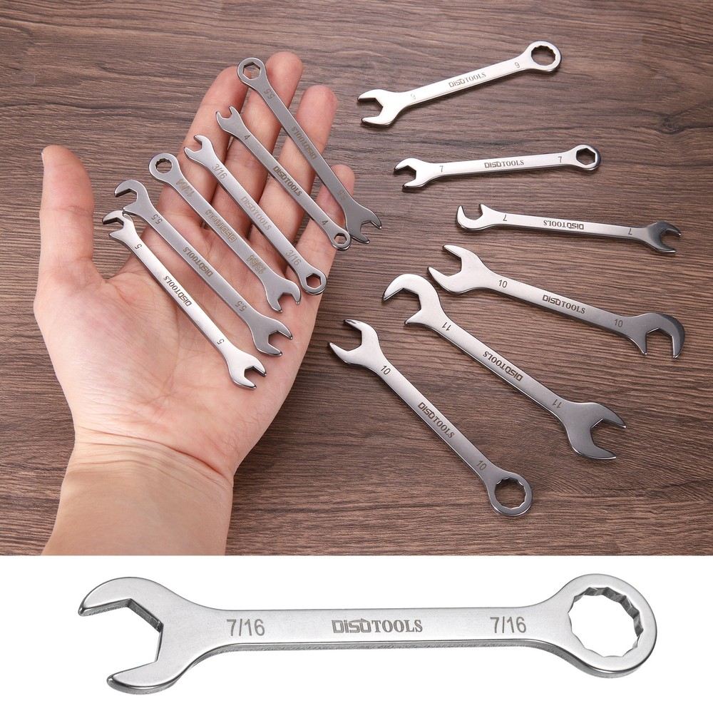 2pcs Thin Combination Wrench 7/16" with 6-Point Ended & 15° Angled Open End