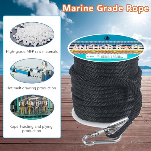 1/2 Inch 50 FT Anchor Rope, Boat Anchor Rope Solid Braid MFP, 1/2inx50ft Black