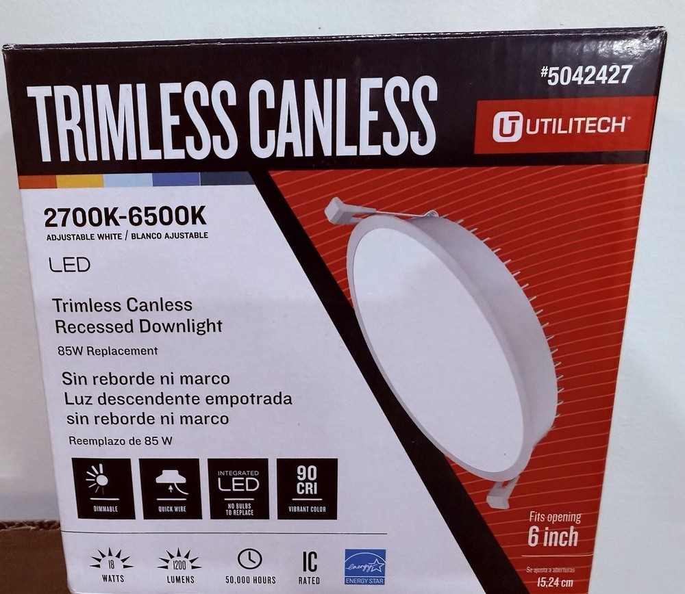 Utilitech 6" 1200 Lumens LED Canless Trimless Recessed Downlight White Dimmable