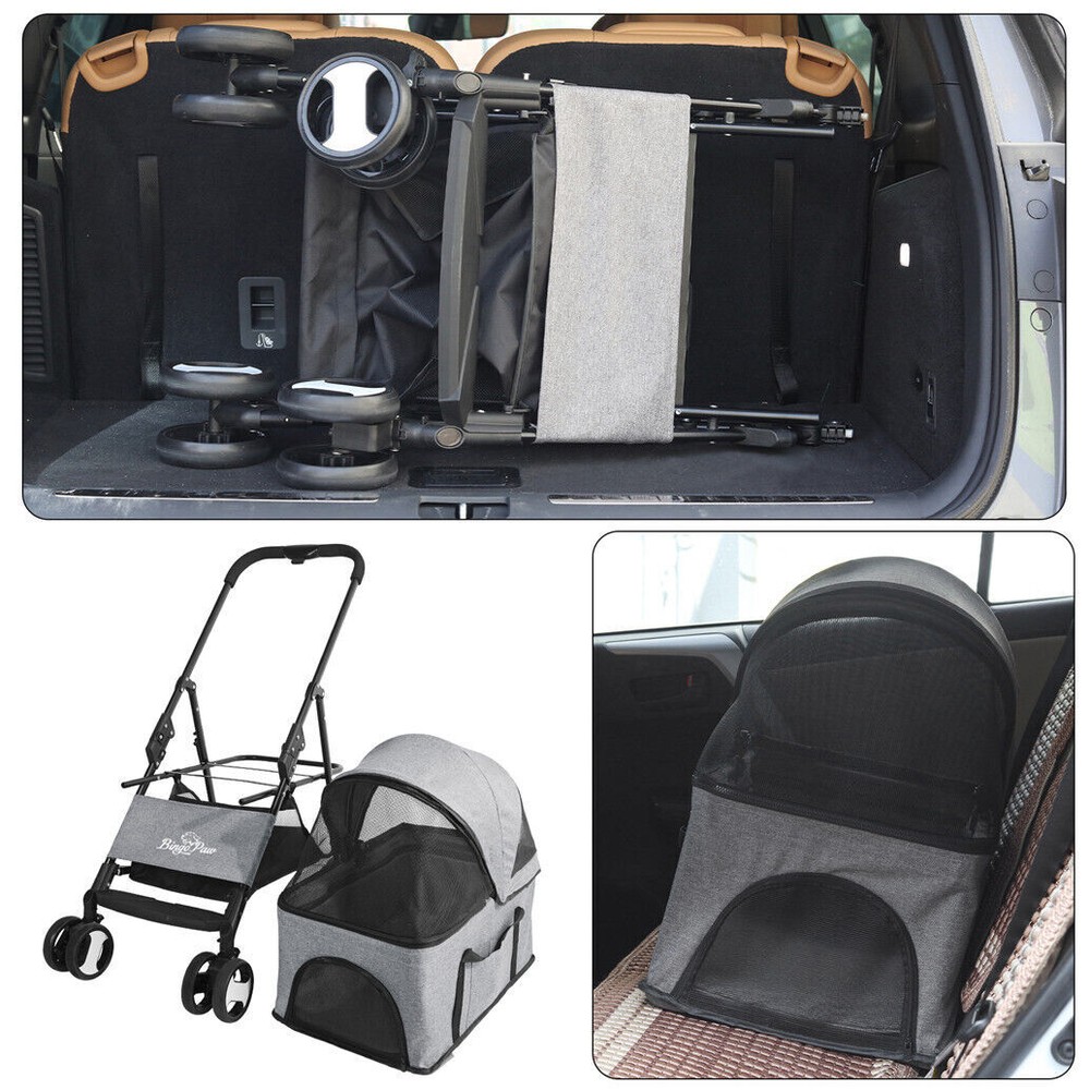 Extra Large Foldable Pet Stroller Travel Walk Carrier with Bottom Basket Storage