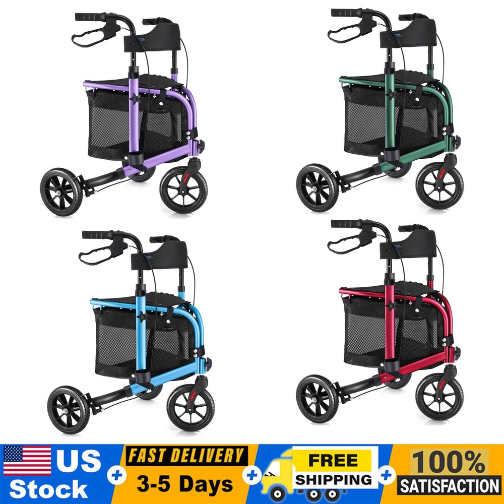 8" 3-Wheel Folding Rollator Walk Rolling Walker w/Adjustable Handle Storage Bag