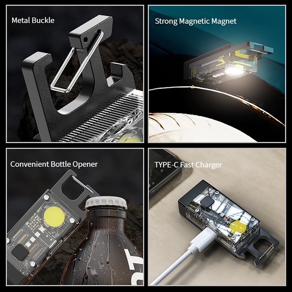 Solar LED Flashlight Keychain Torch USB Charging COB Emergency Portable Light