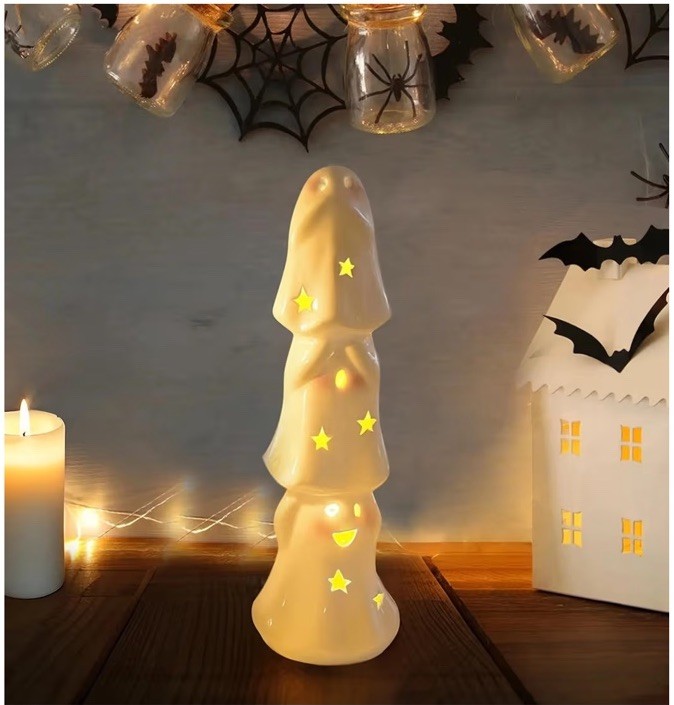 Stacked Light Up Ceramic Ghosts Trio- Hear No Evil See No Evil Speak No Evil NEW