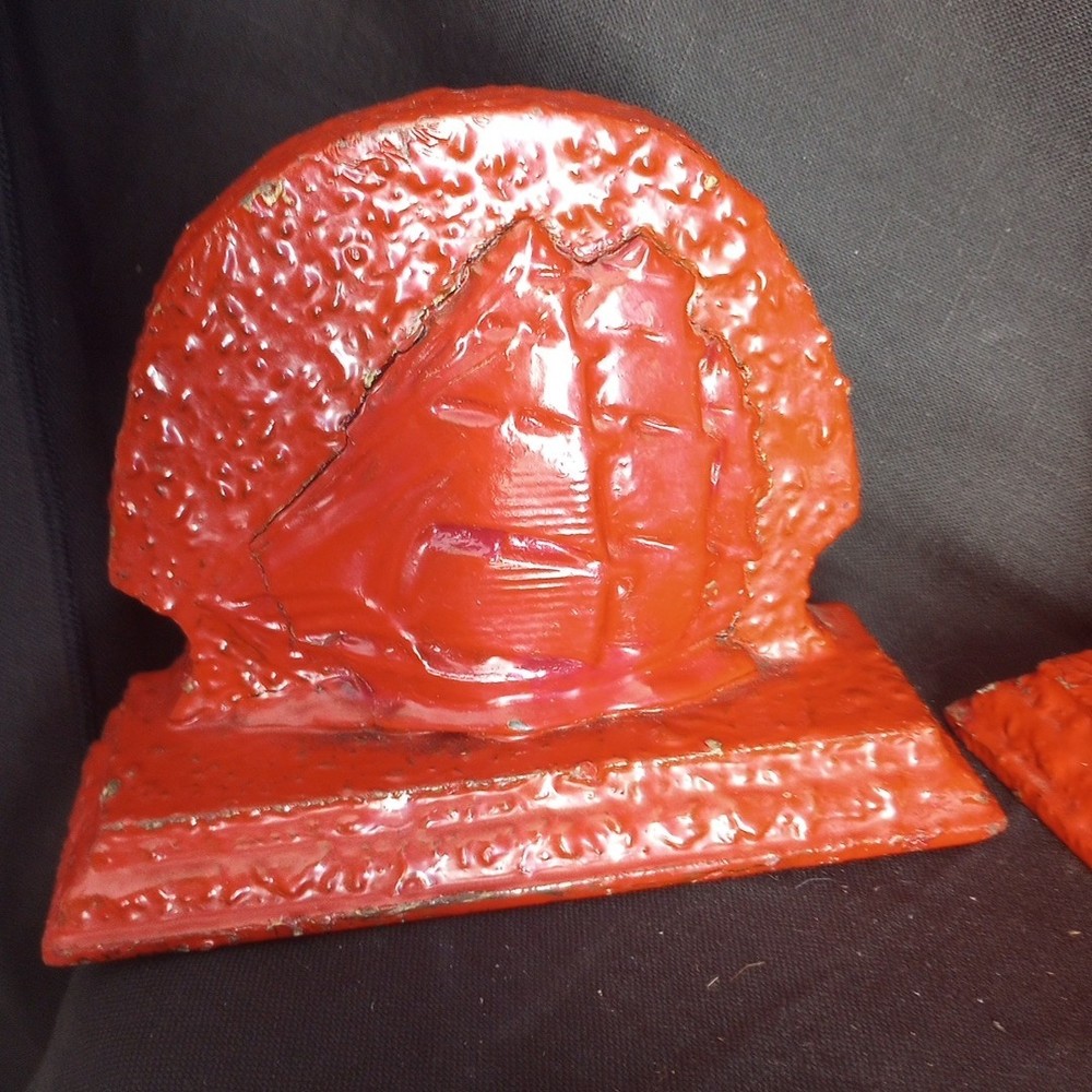 Vintage Orange Red Painted Bumpy Composite Ship Bookends Rustic As Is 5.75" Tall