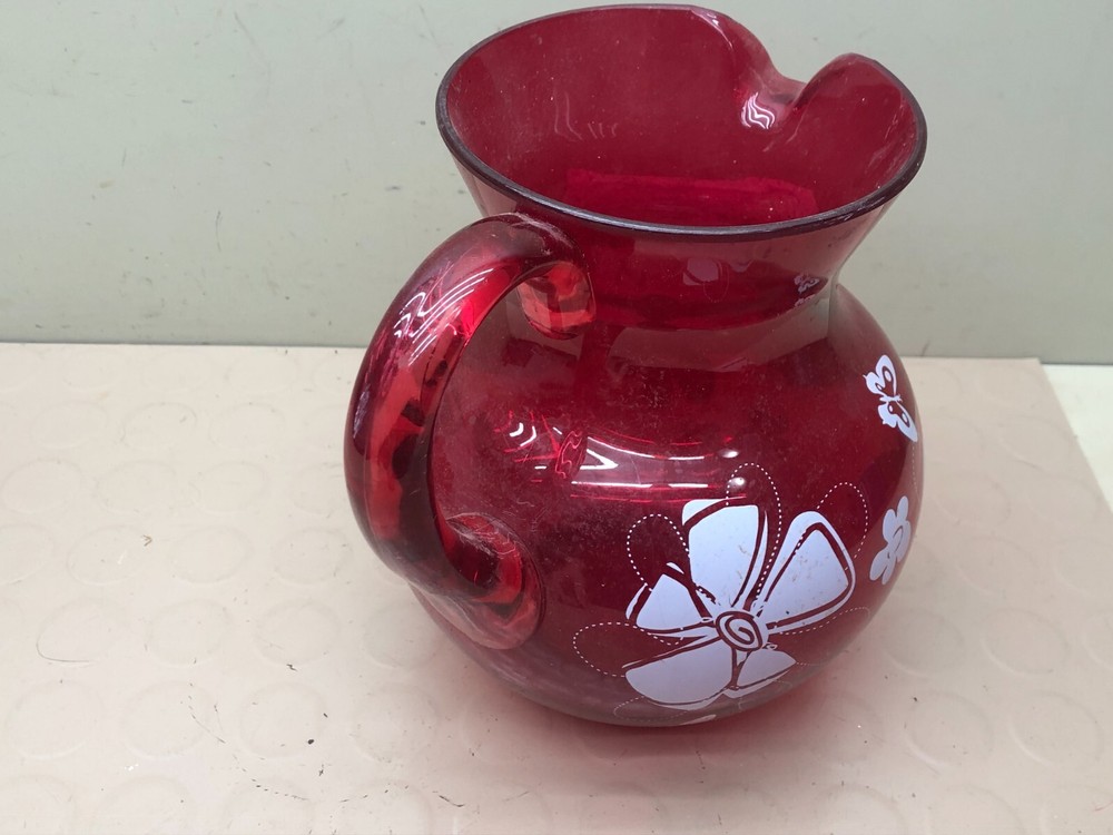 Vintage Red Clear Plastic Pitcher Retro Flower
