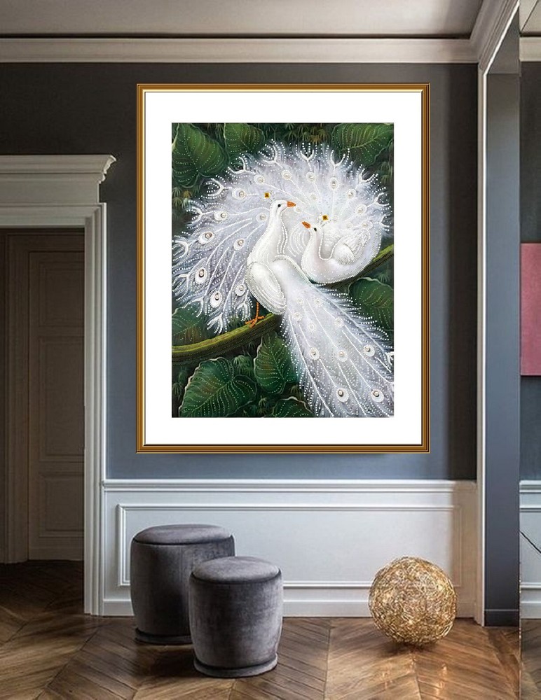 Bead embroidery kit needlepoint DIY Beadwork stitching Two white peacock Beading