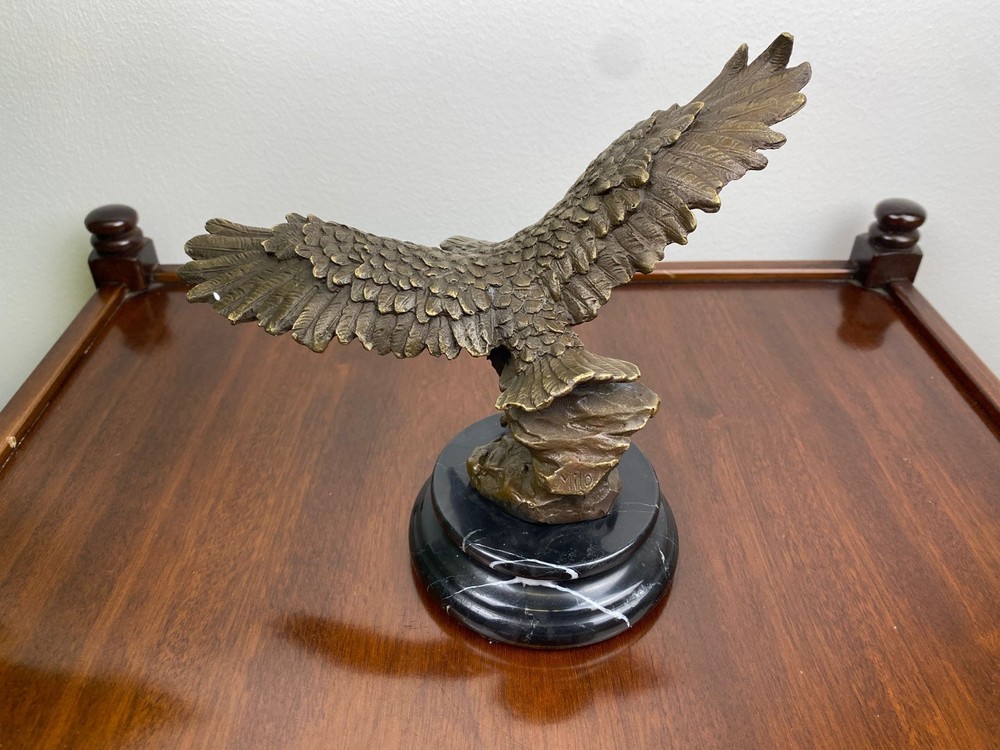 Bronze Sculpture Eagle Art Deco on Black Marble Base After Milo