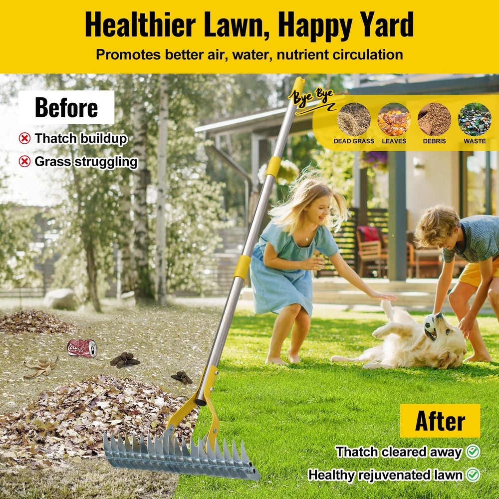 Garden Leaf Rake: Dual Function Thatching Rake for Lawn Dead Grass Silver