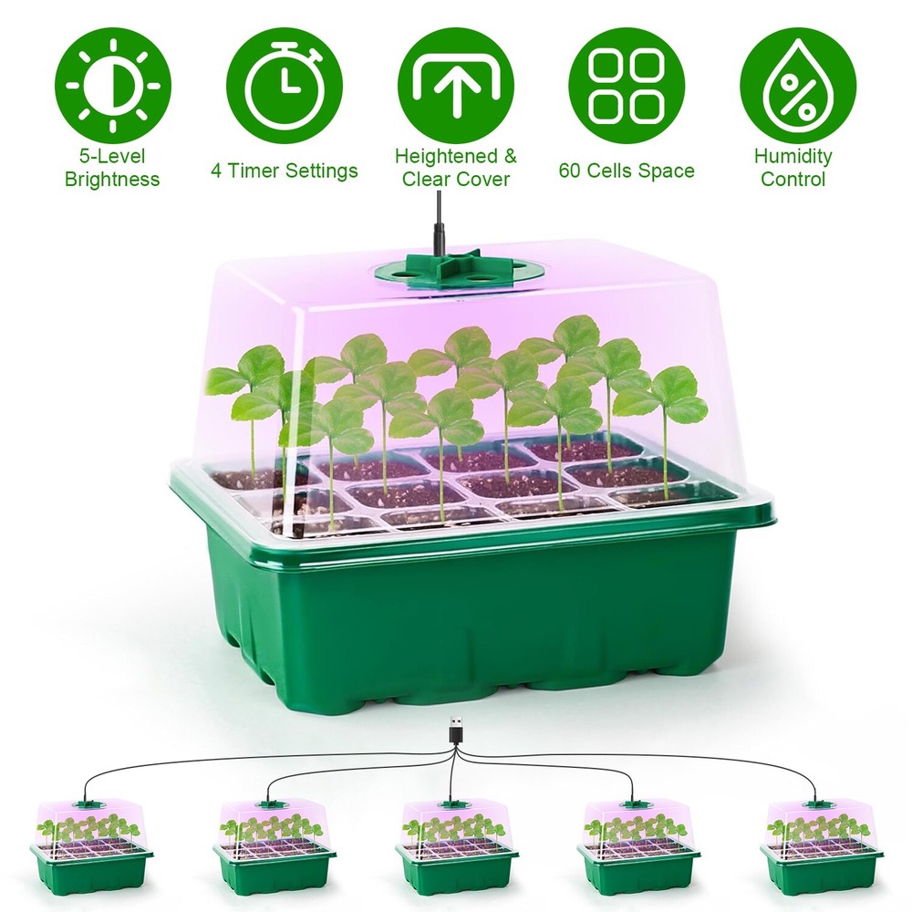 5 Pack Seed Starter Kit with Light, Seedling Starter Trays w/ Timing Controller