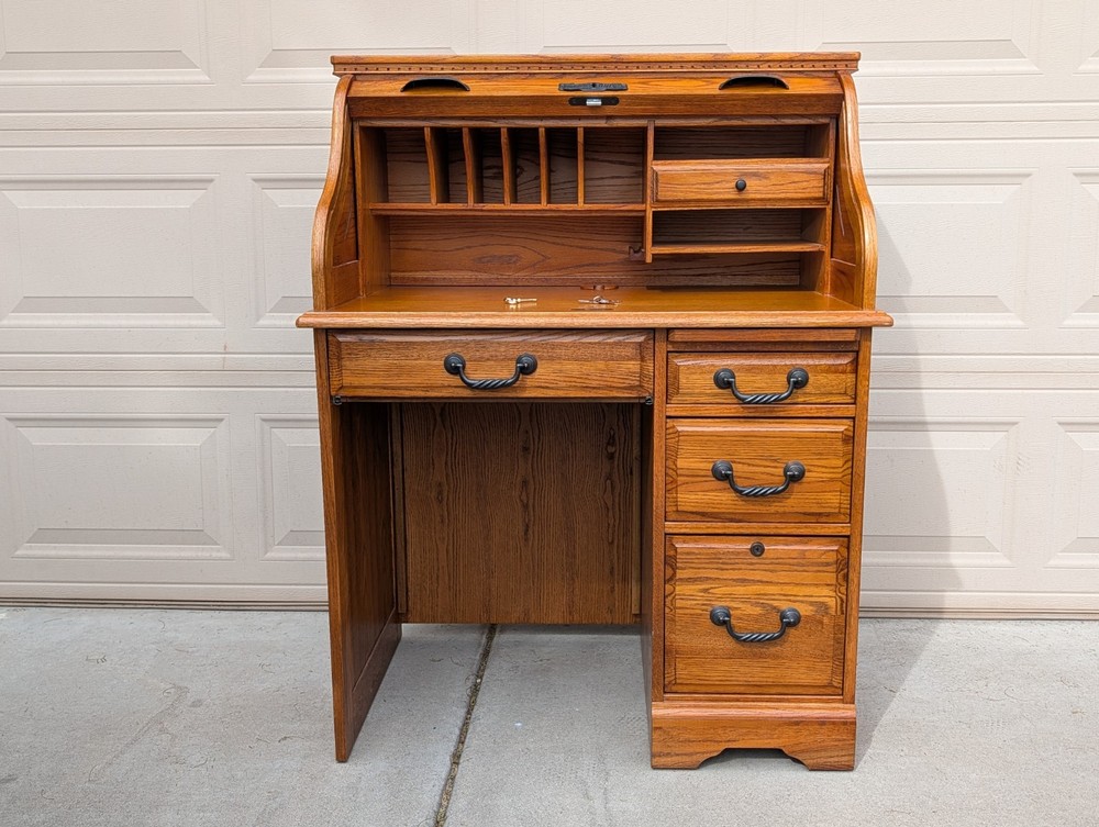Solid Oak Roll-Top Desk by Winners Only Inc. – Locking Secretary Desk