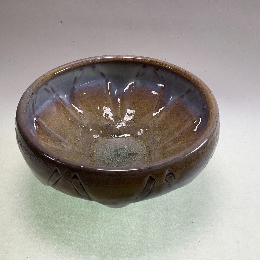 Studio Pottery Footed Geometric Design Planter Blue over Earth Tones