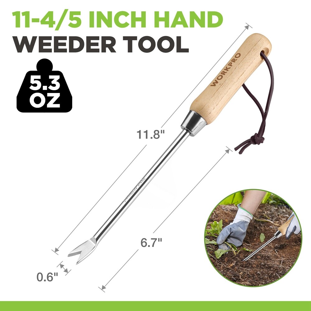 WORKPRO Weeder Puller Tool Wood Handle 2-Pronged Fork Weed Remover Tool Polished