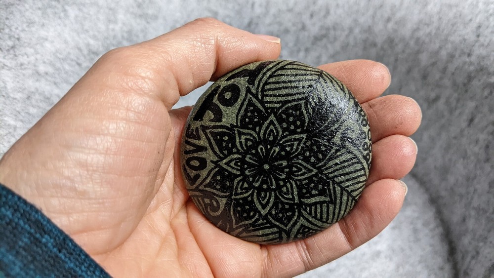 Hand Painted Rock / Stone - mandala black line design "joy" "love"